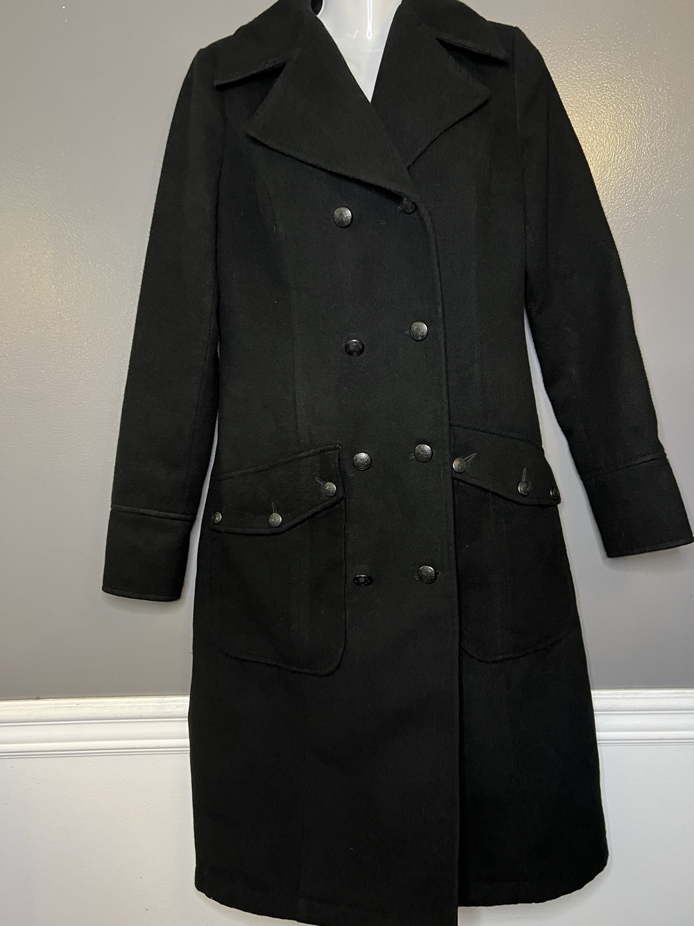 Free People Coat Womens 6 Black Long Double Breasted Military Pockets Lined - Picture 2 of 15